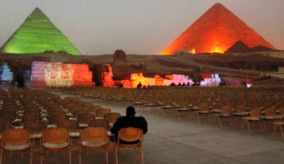 pyramids lit up with lights